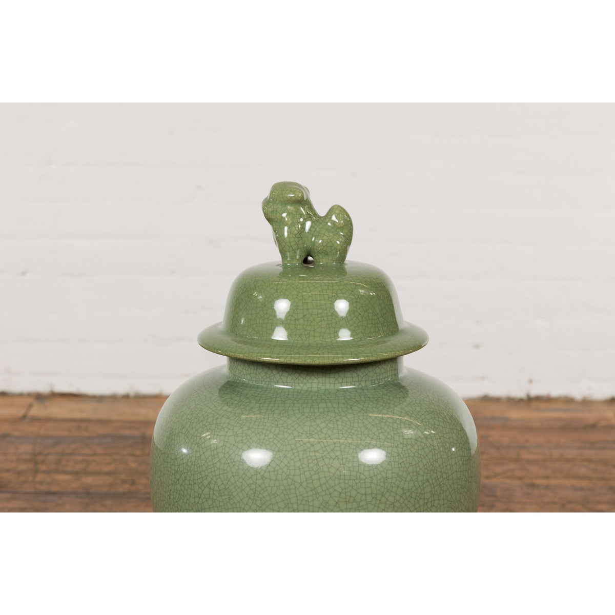 Chinese Lidded Altar Vase with Green Celadon Glaze and Guardian Lion Motif-7. Asian & Chinese Furniture, Art, Antiques, Vintage Home Décor for sale at FEA Home