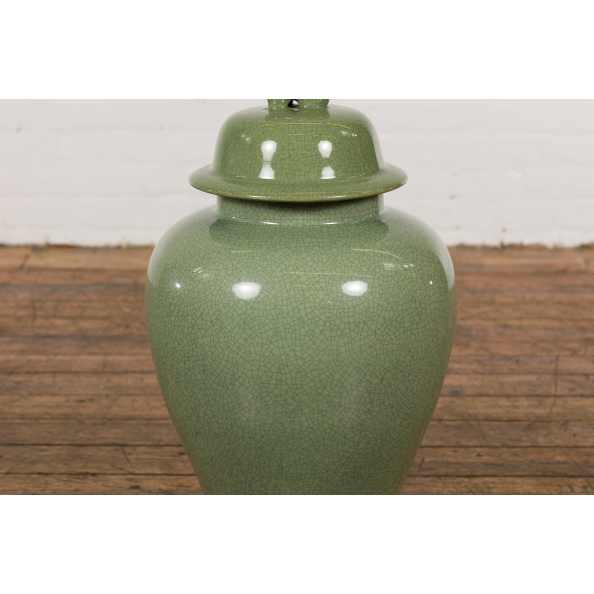 Chinese Lidded Altar Vase with Green Celadon Glaze and Guardian Lion Motif-8. Asian & Chinese Furniture, Art, Antiques, Vintage Home Décor for sale at FEA Home