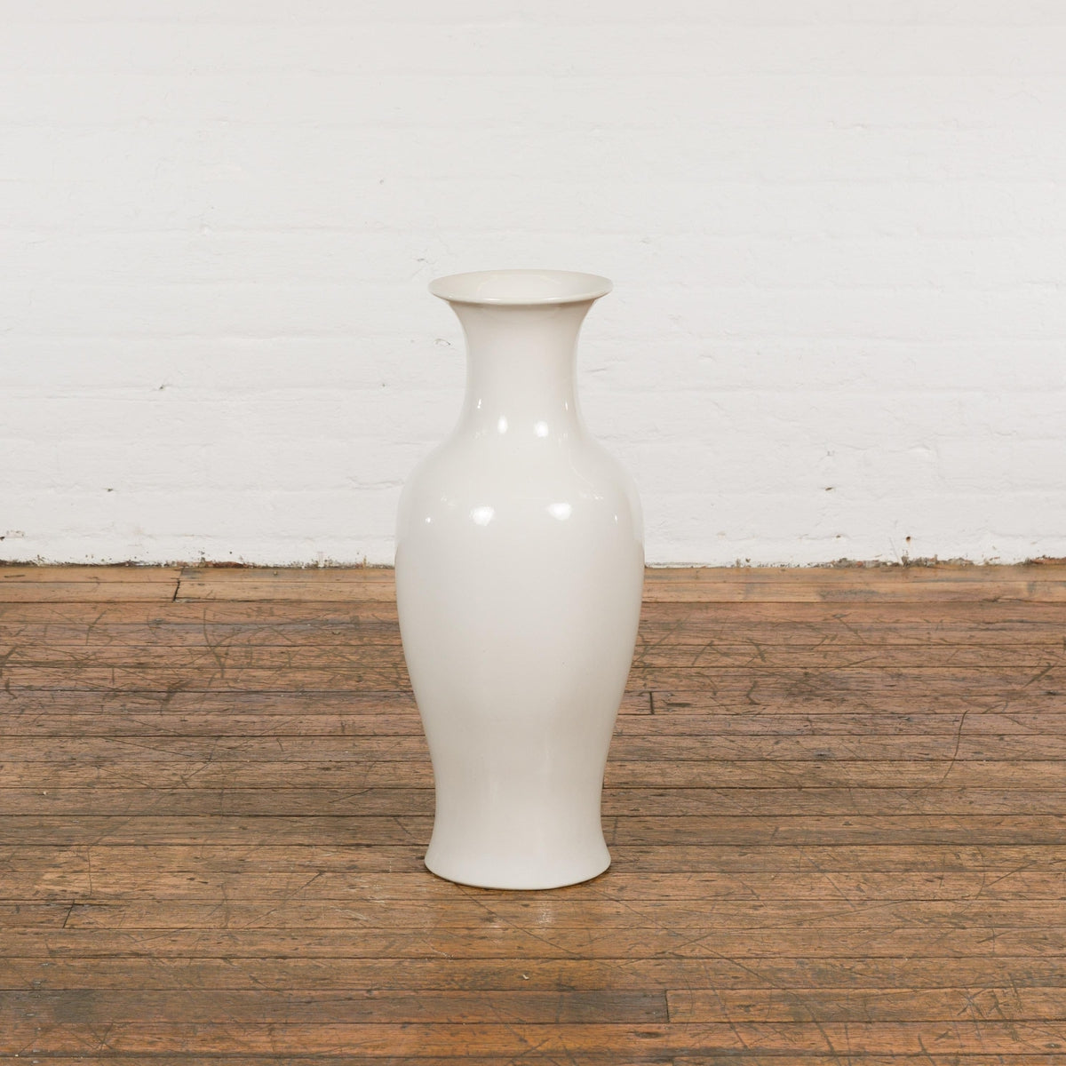 White Vintage Vase Curved Body & Flared Neck-13. Asian & Chinese Furniture, Art, Antiques, Vintage Home Décor for sale at FEA Home