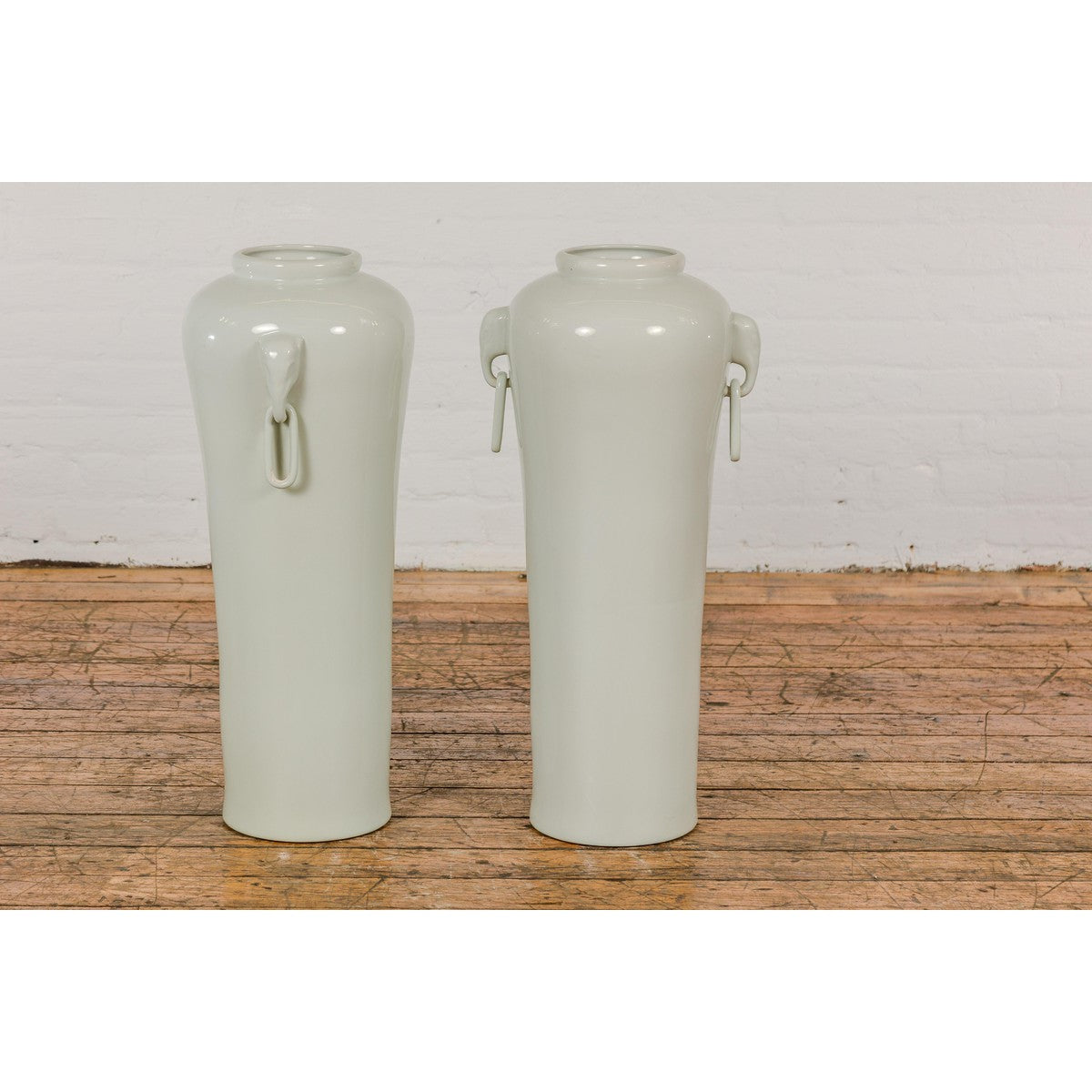 Tall and Slender Vintage White Porcelain Elephant Handles Altar Vases, Near Pair-14. Asian & Chinese Furniture, Art, Antiques, Vintage Home Décor for sale at FEA Home