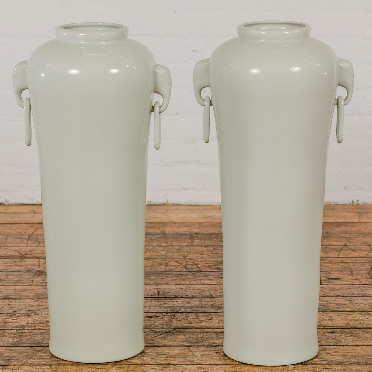 Tall and Slender Vintage White Porcelain Elephant Handles Altar Vases, Near Pair-2. Asian & Chinese Furniture, Art, Antiques, Vintage Home Décor for sale at FEA Home