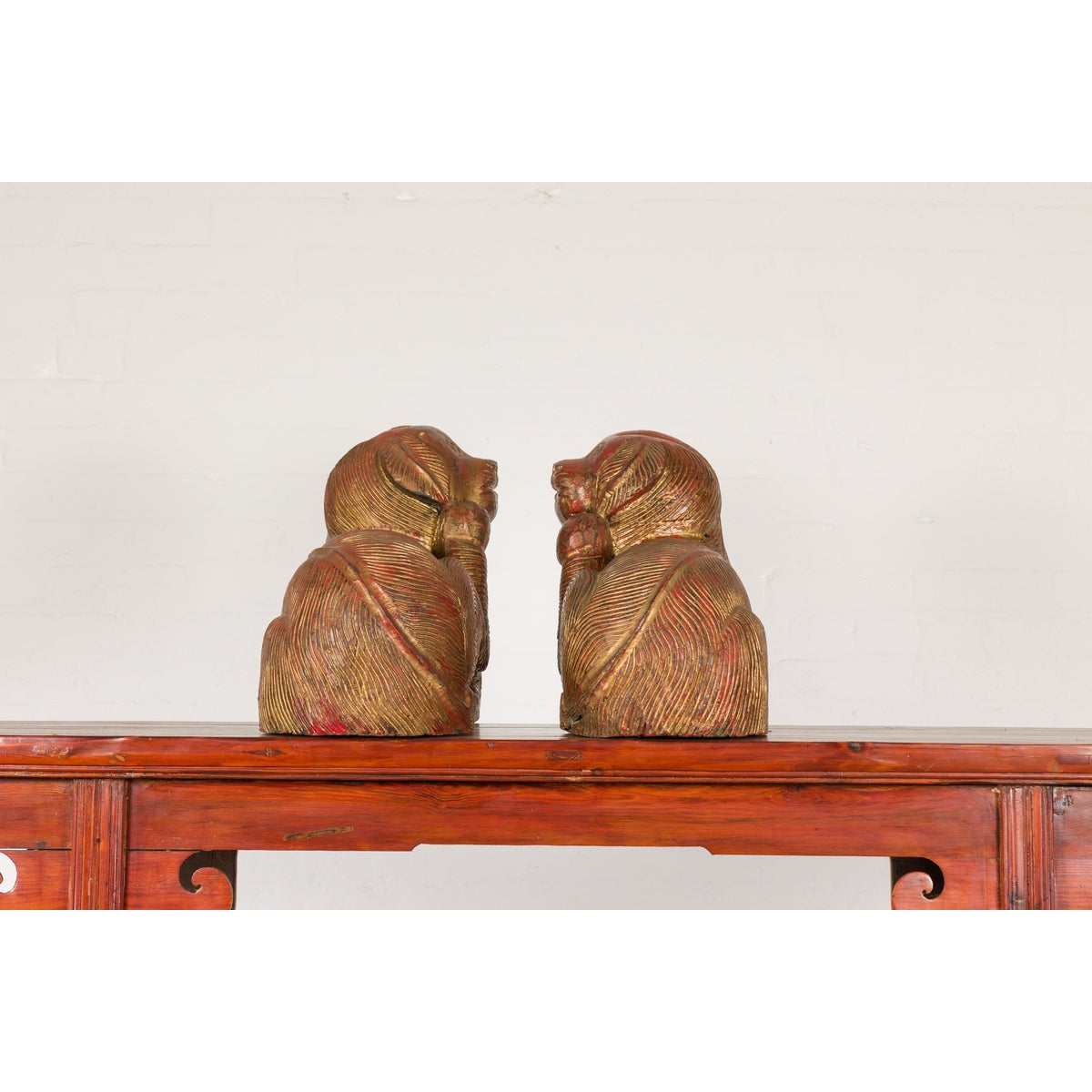 Vintage Pair of Pendant Thai Gilt Wood Mythological Creatures with Red Undertone-13. Asian & Chinese Furniture, Art, Antiques, Vintage Home Décor for sale at FEA Home