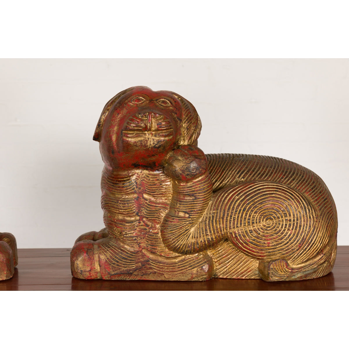 Vintage Pair of Pendant Thai Gilt Wood Mythological Creatures with Red Undertone-4. Asian & Chinese Furniture, Art, Antiques, Vintage Home Décor for sale at FEA Home
