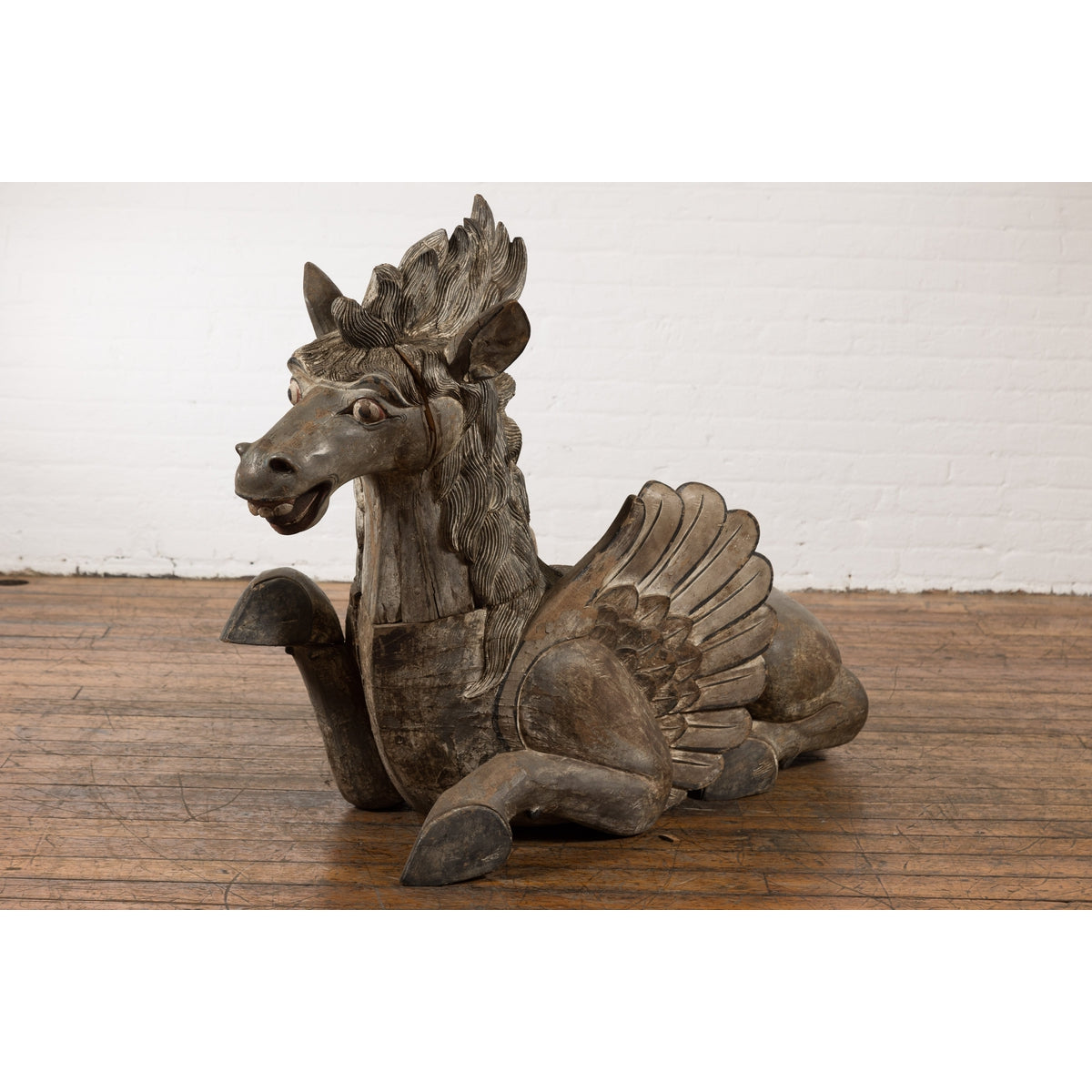 Thai Vintage Painted and Carved Winged Wooden Horse with Striking Expression-10. Asian & Chinese Furniture, Art, Antiques, Vintage Home Décor for sale at FEA Home