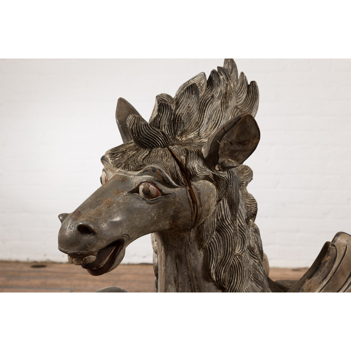 Thai Vintage Painted and Carved Winged Wooden Horse with Striking Expression-11. Asian & Chinese Furniture, Art, Antiques, Vintage Home Décor for sale at FEA Home