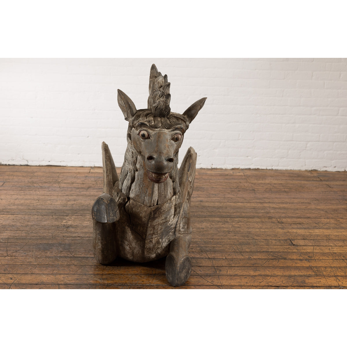 Thai Vintage Painted and Carved Winged Wooden Horse with Striking Expression-13. Asian & Chinese Furniture, Art, Antiques, Vintage Home Décor for sale at FEA Home