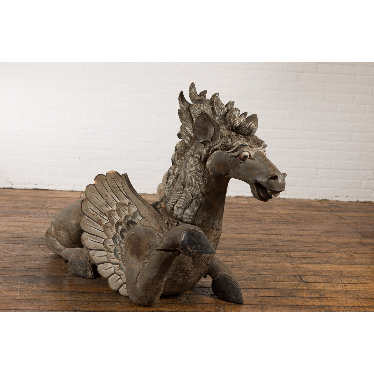 Thai Vintage Painted and Carved Winged Wooden Horse with Striking Expression-14. Asian & Chinese Furniture, Art, Antiques, Vintage Home Décor for sale at FEA Home