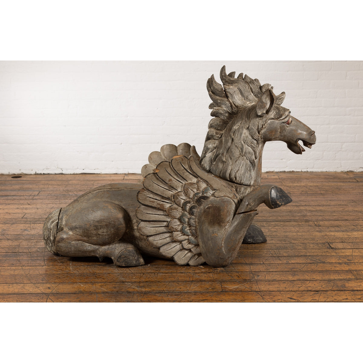 Thai Vintage Painted and Carved Winged Wooden Horse with Striking Expression-15. Asian & Chinese Furniture, Art, Antiques, Vintage Home Décor for sale at FEA Home