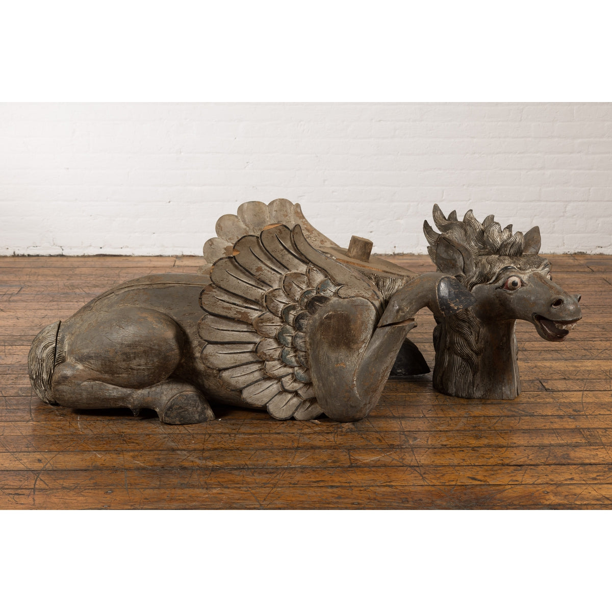 Thai Vintage Painted and Carved Winged Wooden Horse with Striking Expression-17. Asian & Chinese Furniture, Art, Antiques, Vintage Home Décor for sale at FEA Home