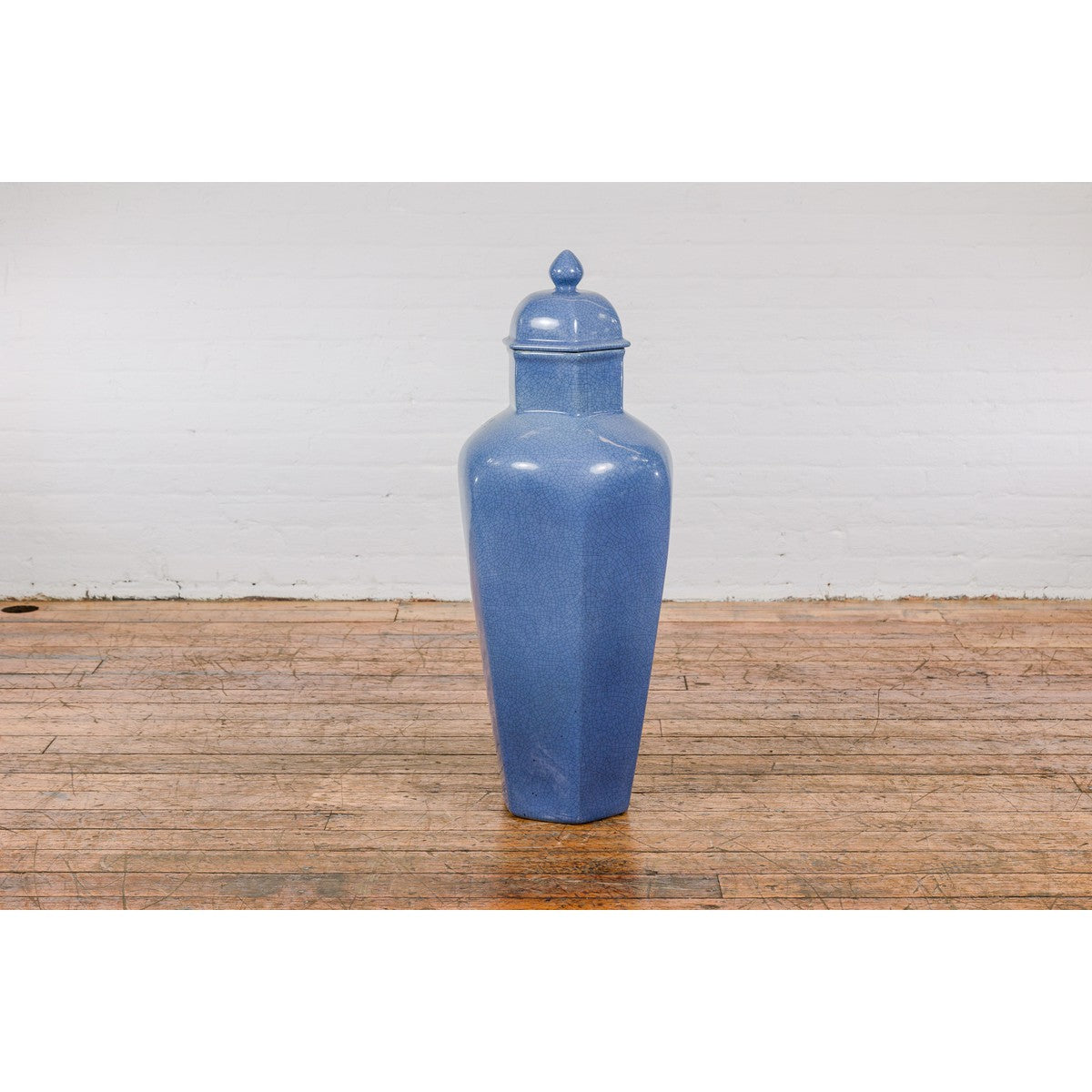 Tall Blue Glaze Lidded Hexagonal Vase with Crackle Finish, Vintage-13. Asian & Chinese Furniture, Art, Antiques, Vintage Home Décor for sale at FEA Home
