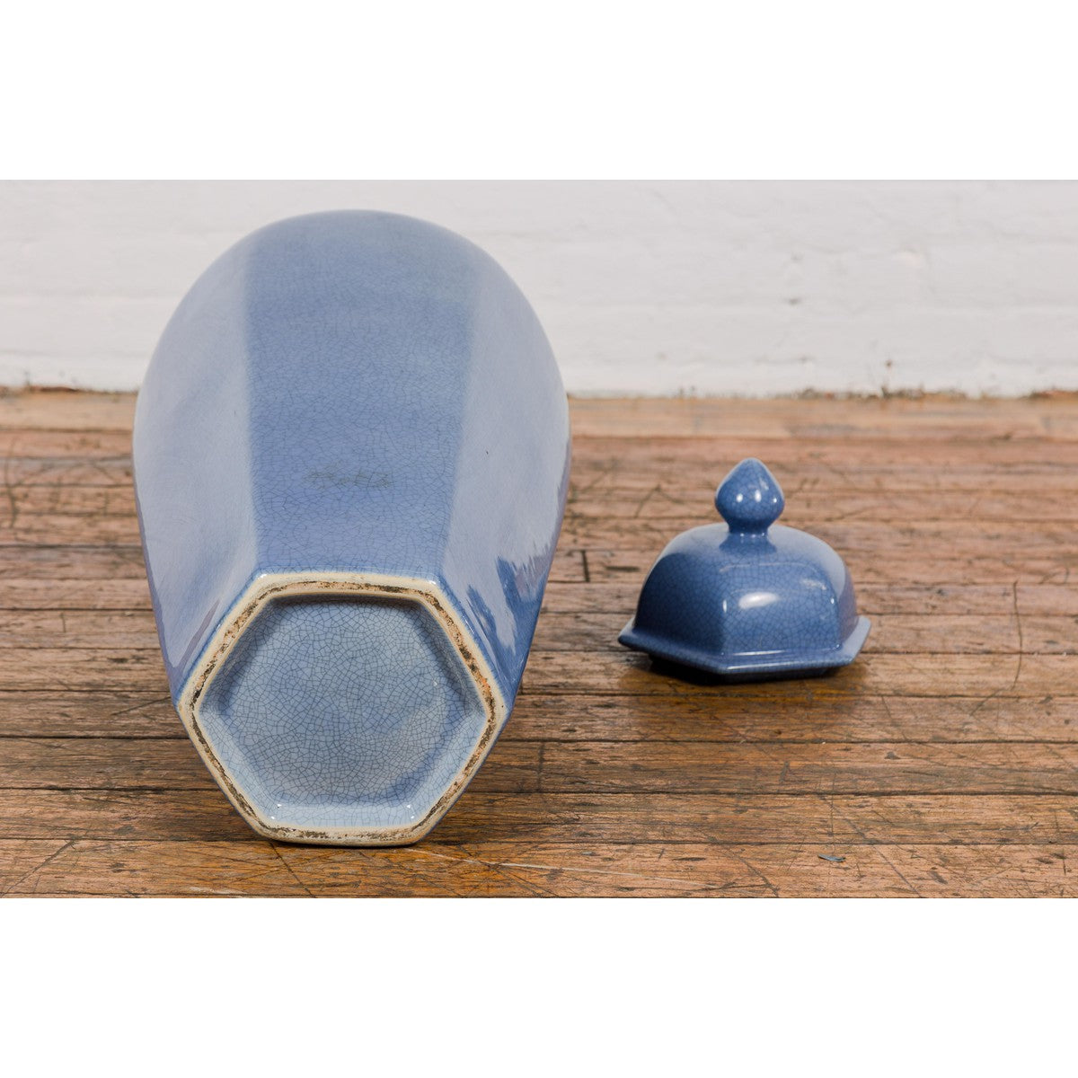 Tall Blue Glaze Lidded Hexagonal Vase with Crackle Finish, Vintage-16. Asian & Chinese Furniture, Art, Antiques, Vintage Home Décor for sale at FEA Home