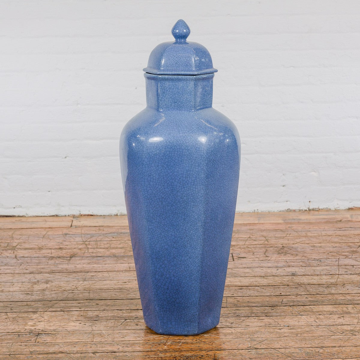 Tall Blue Glaze Lidded Hexagonal Vase with Crackle Finish, Vintage-3. Asian & Chinese Furniture, Art, Antiques, Vintage Home Décor for sale at FEA Home