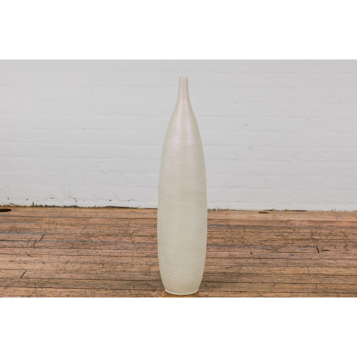 Subtle Ivory Color Tall Vase with Raised Scrolling Motifs and Narrow Mouth-10. Asian & Chinese Furniture, Art, Antiques, Vintage Home Décor for sale at FEA Home