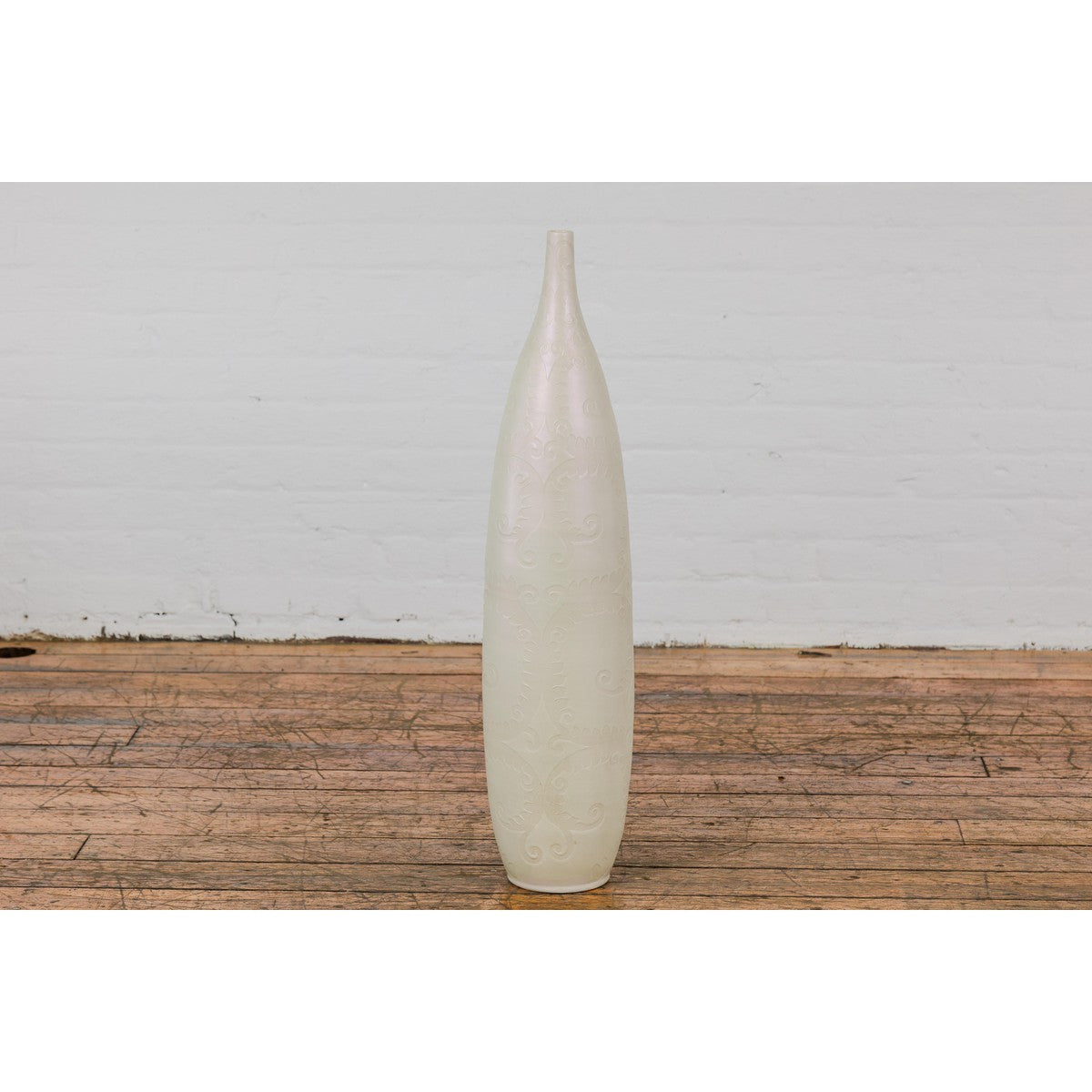 Subtle Ivory Color Tall Vase with Raised Scrolling Motifs and Narrow Mouth-11. Asian & Chinese Furniture, Art, Antiques, Vintage Home Décor for sale at FEA Home