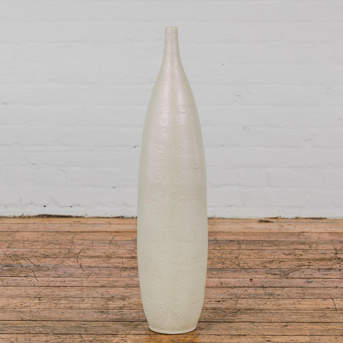 Subtle Ivory Color Tall Vase with Raised Scrolling Motifs and Narrow Mouth-12. Asian & Chinese Furniture, Art, Antiques, Vintage Home Décor for sale at FEA Home