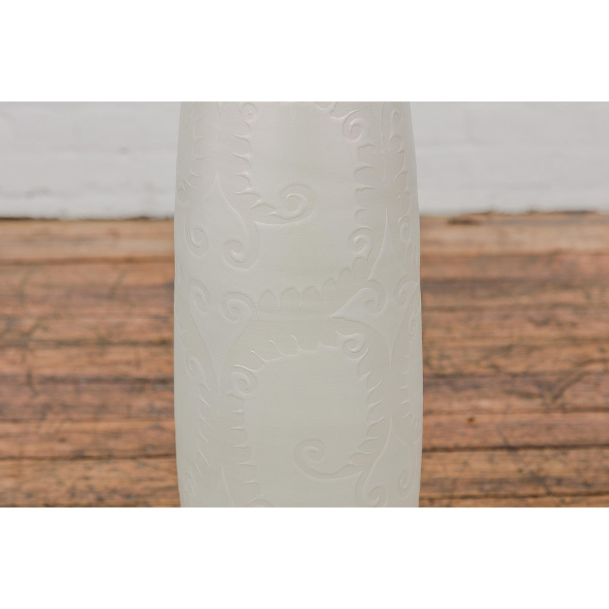 Subtle Ivory Color Tall Vase with Raised Scrolling Motifs and Narrow Mouth-6. Asian & Chinese Furniture, Art, Antiques, Vintage Home Décor for sale at FEA Home