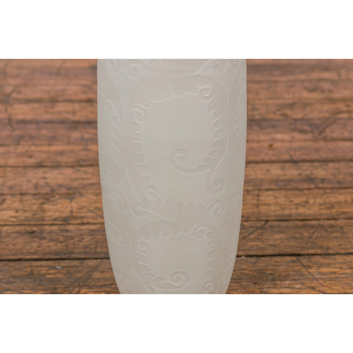 Subtle Ivory Color Tall Vase with Raised Scrolling Motifs and Narrow Mouth-7. Asian & Chinese Furniture, Art, Antiques, Vintage Home Décor for sale at FEA Home