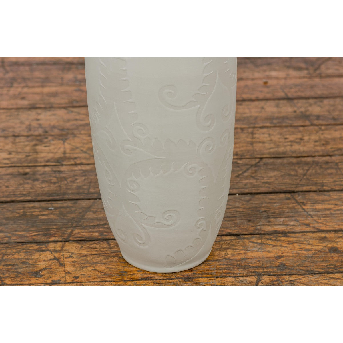 Subtle Ivory Color Tall Vase with Raised Scrolling Motifs and Narrow Mouth-8. Asian & Chinese Furniture, Art, Antiques, Vintage Home Décor for sale at FEA Home