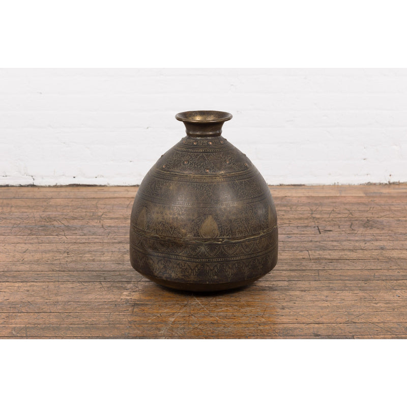 19th Century Brass Vessel with Abundant Etched Foliage Décor-YN7806-11. Asian & Chinese Furniture, Art, Antiques, Vintage Home Décor for sale at FEA Home