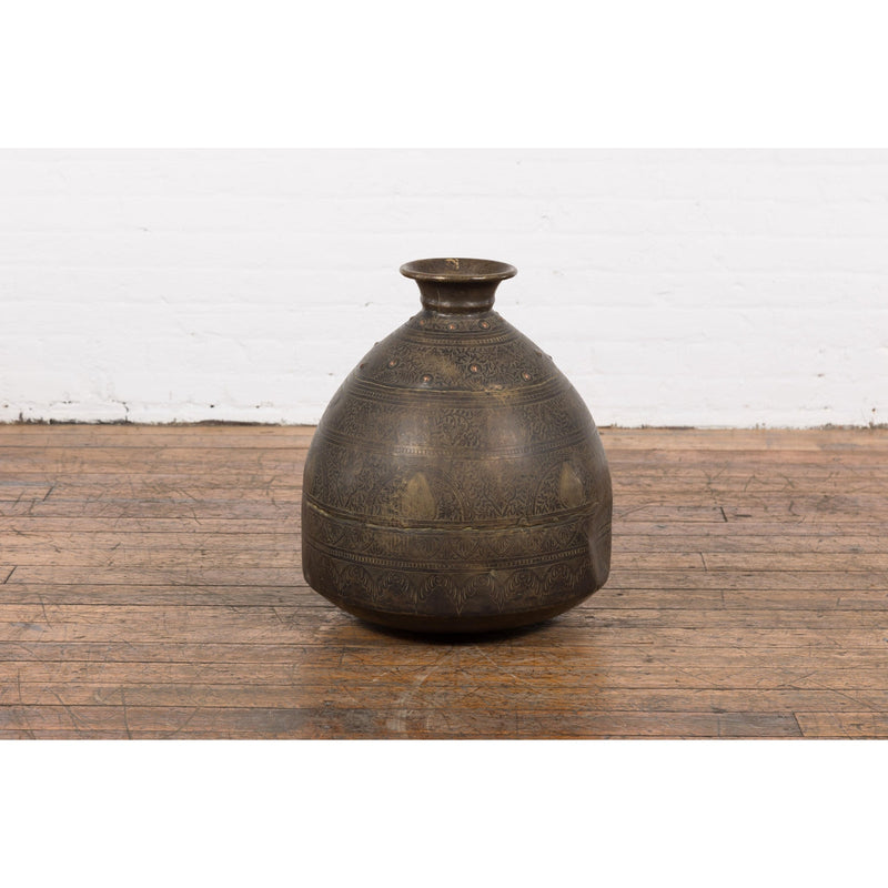 19th Century Brass Vessel with Abundant Etched Foliage Décor-YN7806-12. Asian & Chinese Furniture, Art, Antiques, Vintage Home Décor for sale at FEA Home