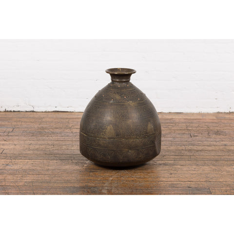 19th Century Brass Vessel with Abundant Etched Foliage Décor-YN7806-12. Asian & Chinese Furniture, Art, Antiques, Vintage Home Décor for sale at FEA Home
