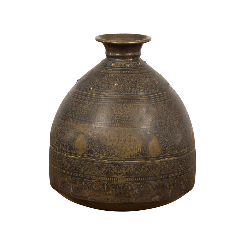 19th Century Brass Vessel with Abundant Etched Foliage Décor-YN7806-15. Asian & Chinese Furniture, Art, Antiques, Vintage Home Décor for sale at FEA Home