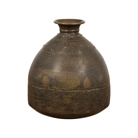 19th Century Brass Vessel with Abundant Etched Foliage Décor-YN7806-15. Asian & Chinese Furniture, Art, Antiques, Vintage Home Décor for sale at FEA Home