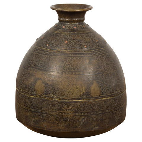 19th Century Brass Vessel with Abundant Etched Foliage Décor-YN7806-1. Asian & Chinese Furniture, Art, Antiques, Vintage Home Décor for sale at FEA Home