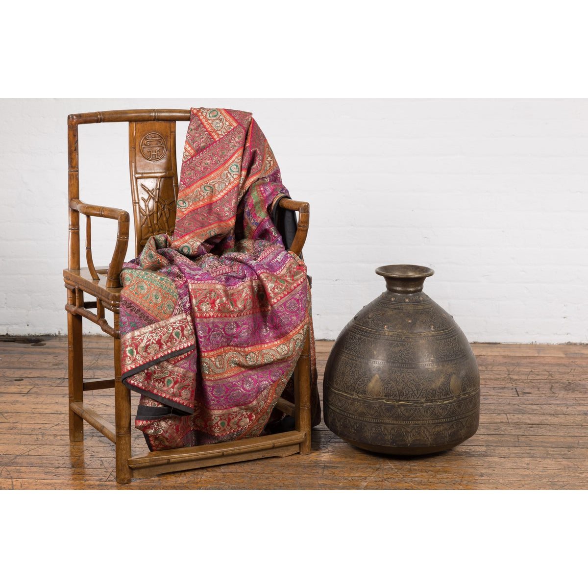 19th Century Brass Vessel with Abundant Etched Foliage Décor-2. Asian & Chinese Furniture, Art, Antiques, Vintage Home Décor for sale at FEA Home