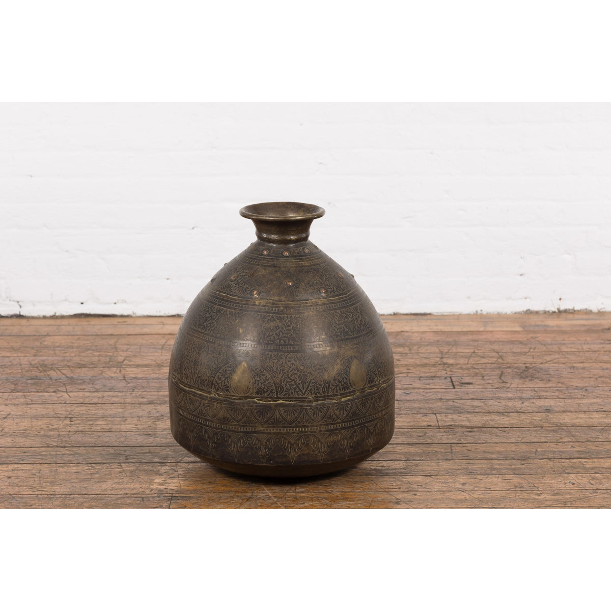 19th Century Brass Vessel with Abundant Etched Foliage Décor-3. Asian & Chinese Furniture, Art, Antiques, Vintage Home Décor for sale at FEA Home
