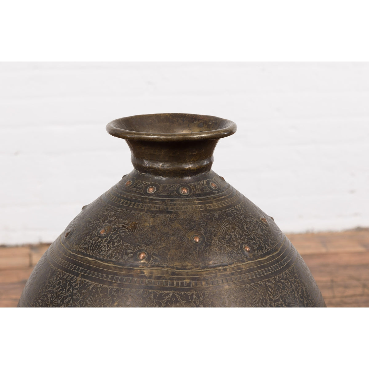 19th Century Brass Vessel with Abundant Etched Foliage Décor-4. Asian & Chinese Furniture, Art, Antiques, Vintage Home Décor for sale at FEA Home