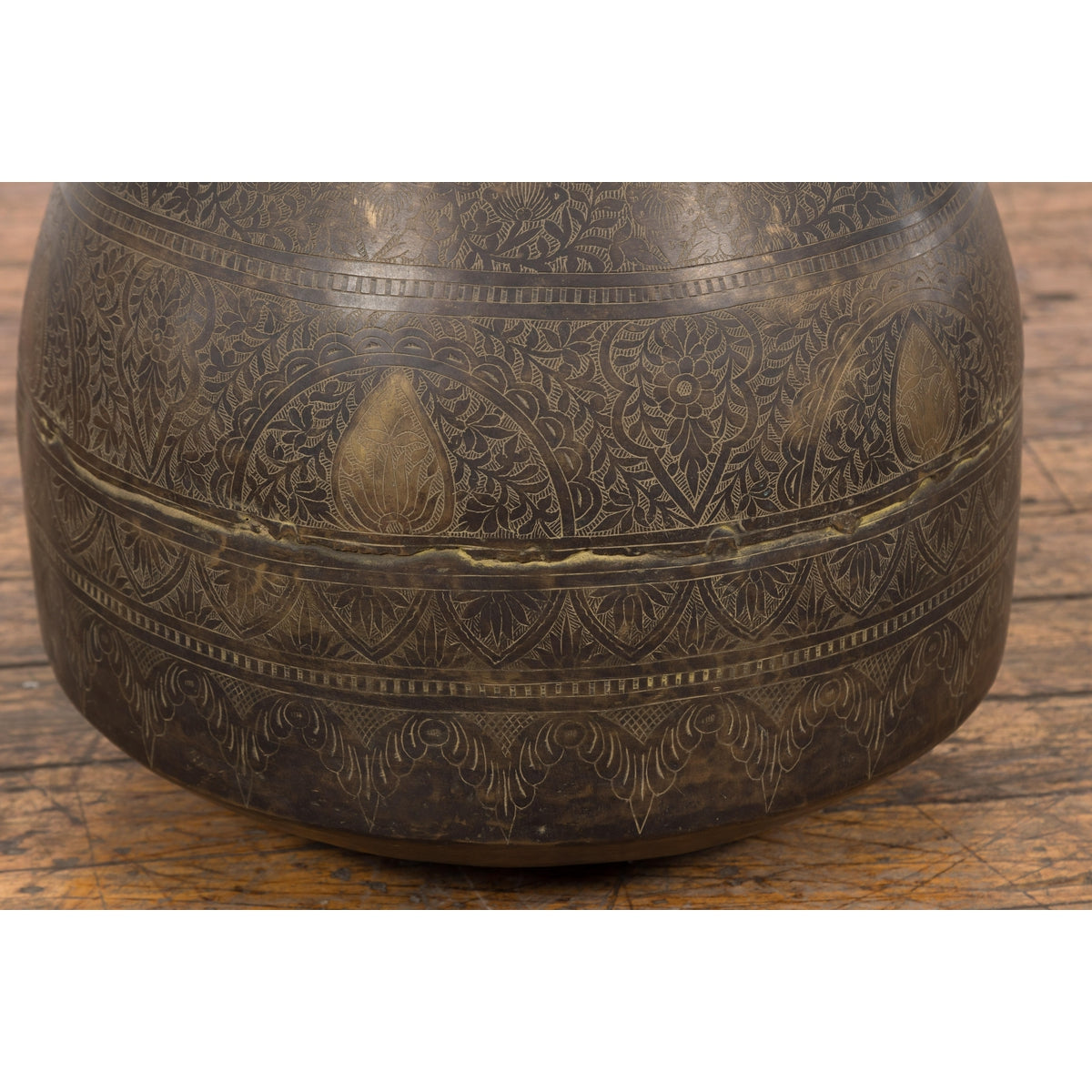 19th Century Brass Vessel with Abundant Etched Foliage Décor-8. Asian & Chinese Furniture, Art, Antiques, Vintage Home Décor for sale at FEA Home