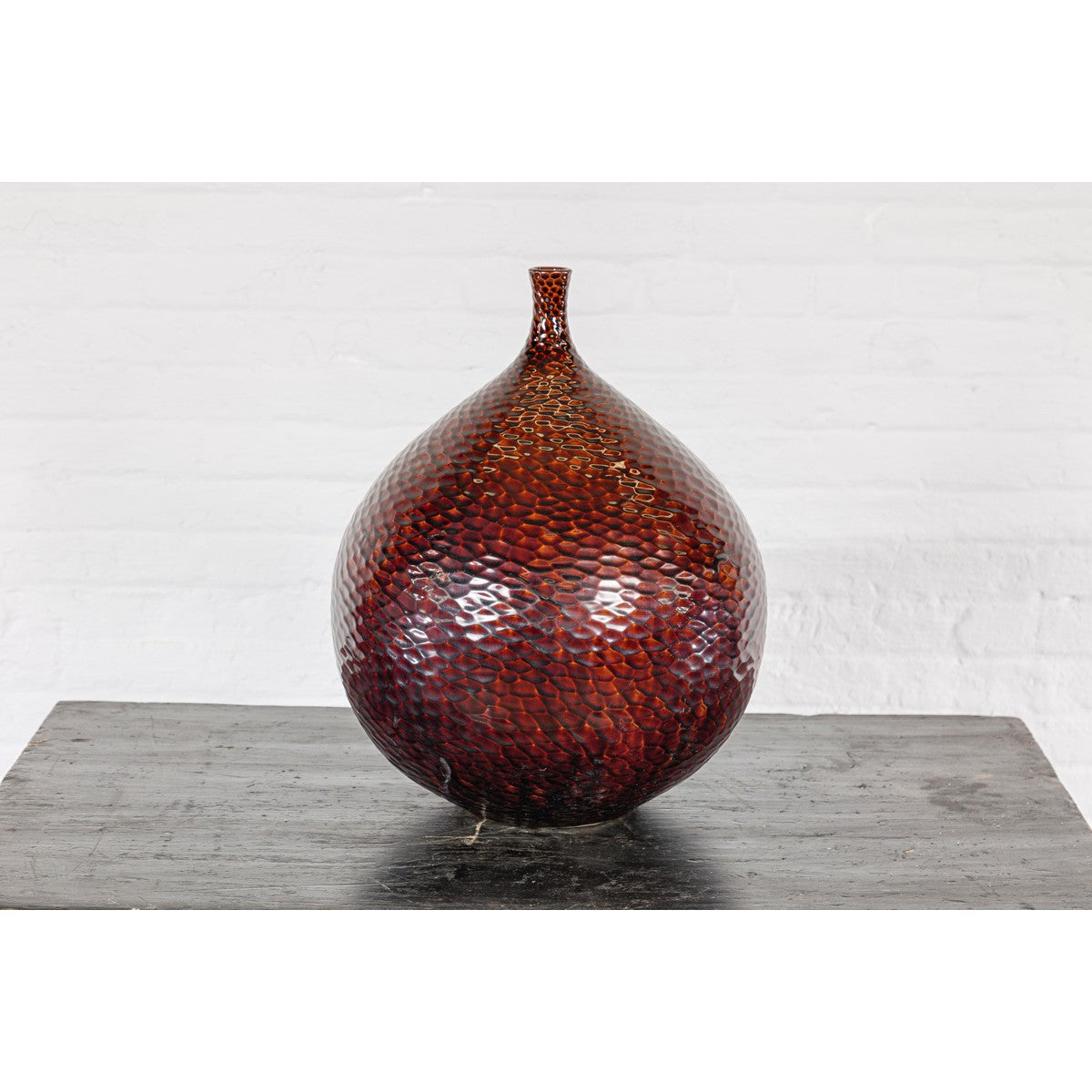 Handcrafted Bulb Shaped Burgundy Vase with Textured Honeycomb Style Motifs-11. Asian & Chinese Furniture, Art, Antiques, Vintage Home Décor for sale at FEA Home