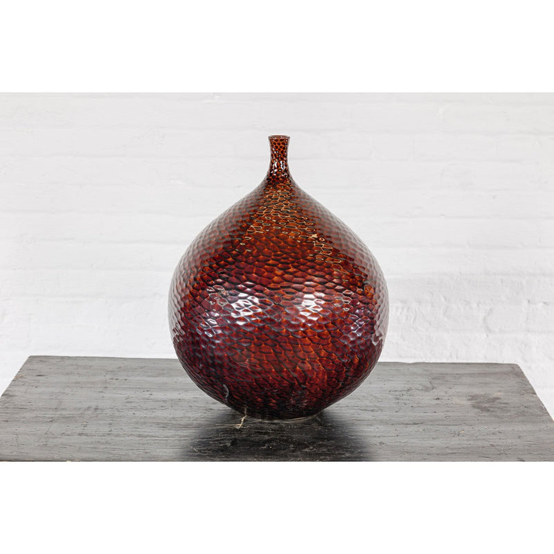 Handcrafted Bulb Shaped Burgundy Vase with Textured Honeycomb Style Motifs-YN7811-11. Asian & Chinese Furniture, Art, Antiques, Vintage Home Décor for sale at FEA Home