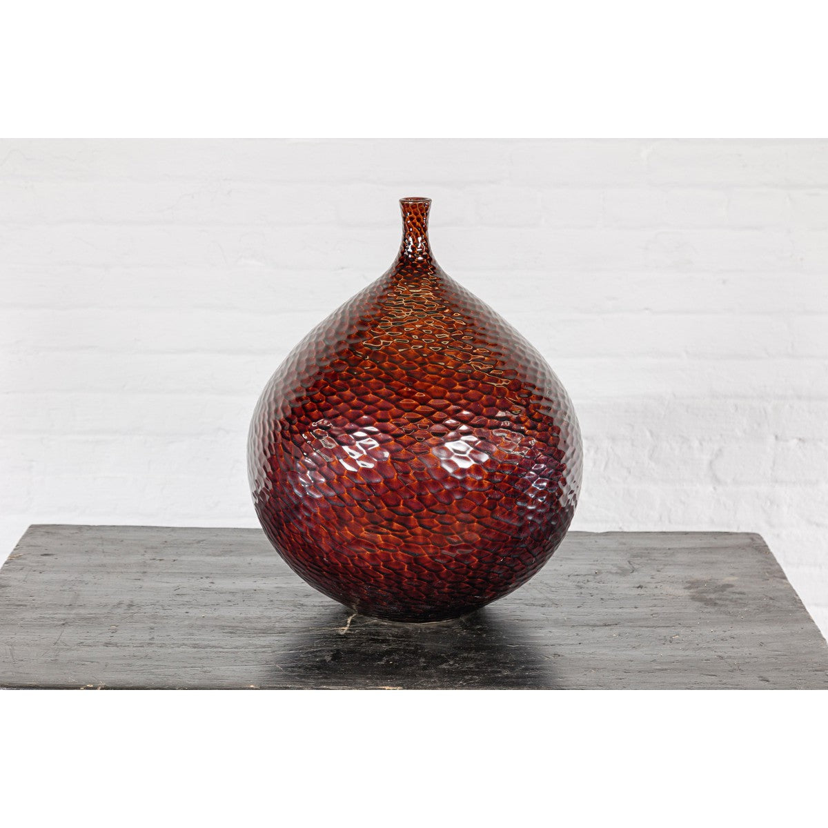 Handcrafted Bulb Shaped Burgundy Vase with Textured Honeycomb Style Motifs-12. Asian & Chinese Furniture, Art, Antiques, Vintage Home Décor for sale at FEA Home