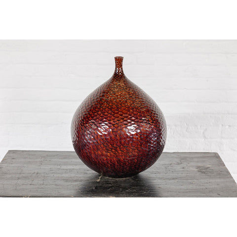 Handcrafted Bulb Shaped Burgundy Vase with Textured Honeycomb Style Motifs-YN7811-12. Asian & Chinese Furniture, Art, Antiques, Vintage Home Décor for sale at FEA Home