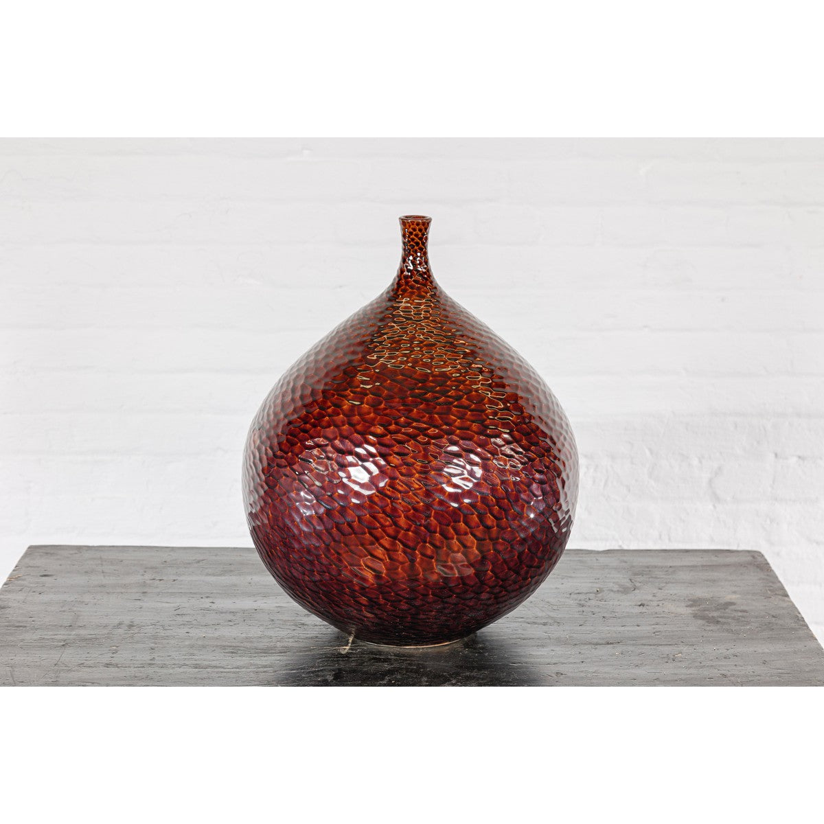 Handcrafted Bulb Shaped Burgundy Vase with Textured Honeycomb Style Motifs-13. Asian & Chinese Furniture, Art, Antiques, Vintage Home Décor for sale at FEA Home