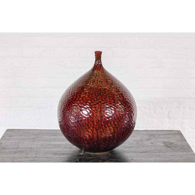 Handcrafted Bulb Shaped Burgundy Vase with Textured Honeycomb Style Motifs-YN7811-13. Asian & Chinese Furniture, Art, Antiques, Vintage Home Décor for sale at FEA Home