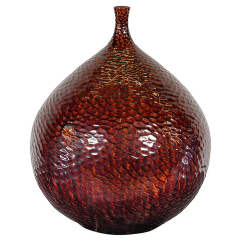 Handcrafted Bulb Shaped Burgundy Vase with Textured Honeycomb Style Motifs-YN7811-1. Asian & Chinese Furniture, Art, Antiques, Vintage Home Décor for sale at FEA Home