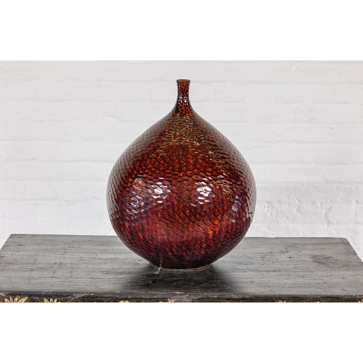 Handcrafted Bulb Shaped Burgundy Vase with Textured Honeycomb Style Motifs-3. Asian & Chinese Furniture, Art, Antiques, Vintage Home Décor for sale at FEA Home
