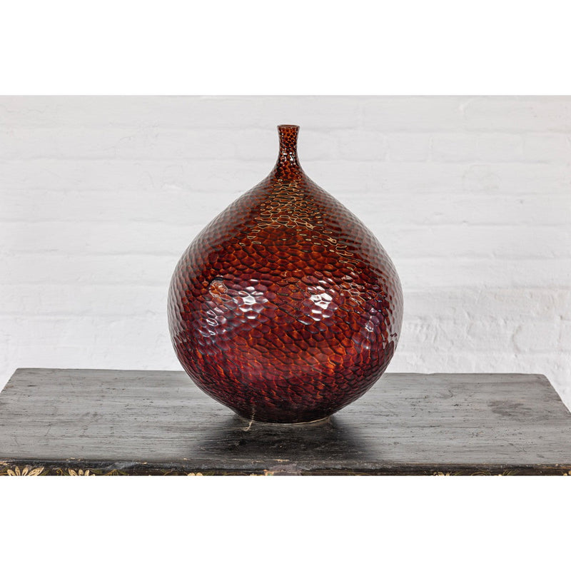 Handcrafted Bulb Shaped Burgundy Vase with Textured Honeycomb Style Motifs-YN7811-3. Asian & Chinese Furniture, Art, Antiques, Vintage Home Décor for sale at FEA Home