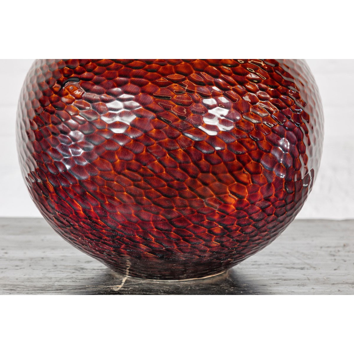 Handcrafted Bulb Shaped Burgundy Vase with Textured Honeycomb Style Motifs-7. Asian & Chinese Furniture, Art, Antiques, Vintage Home Décor for sale at FEA Home