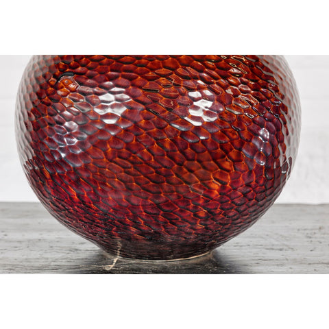 Handcrafted Bulb Shaped Burgundy Vase with Textured Honeycomb Style Motifs-YN7811-7. Asian & Chinese Furniture, Art, Antiques, Vintage Home Décor for sale at FEA Home