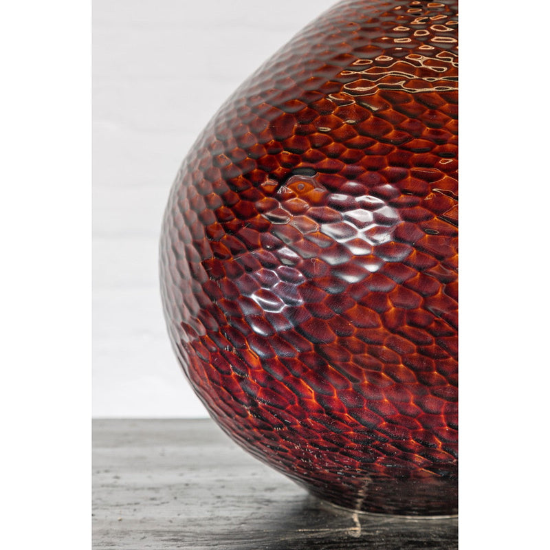 Handcrafted Bulb Shaped Burgundy Vase with Textured Honeycomb Style Motifs-YN7811-8. Asian & Chinese Furniture, Art, Antiques, Vintage Home Décor for sale at FEA Home