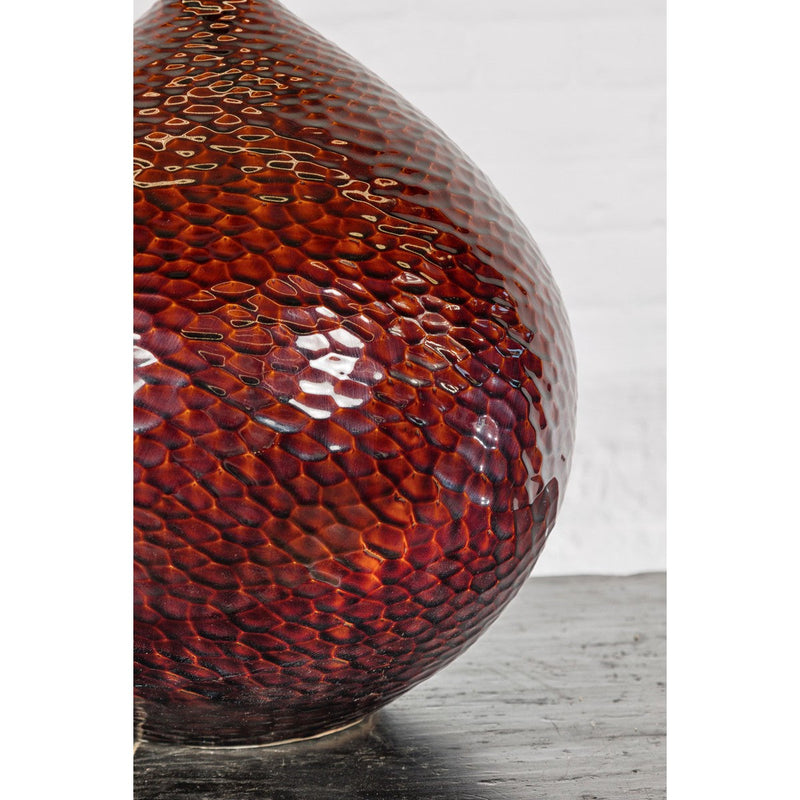 Handcrafted Bulb Shaped Burgundy Vase with Textured Honeycomb Style Motifs-YN7811-9. Asian & Chinese Furniture, Art, Antiques, Vintage Home Décor for sale at FEA Home