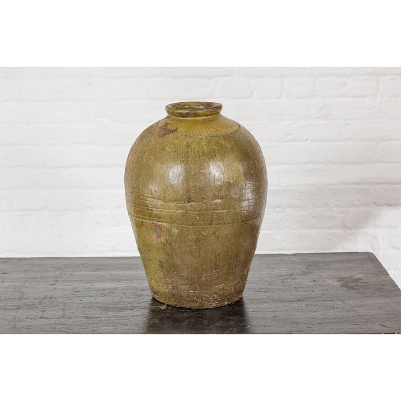 Greenish Brown Glazed Vintage Ceramic Vase - Country Collection-YN7812-9. Asian & Chinese Furniture, Art, Antiques, Vintage Home Décor for sale at FEA Home
