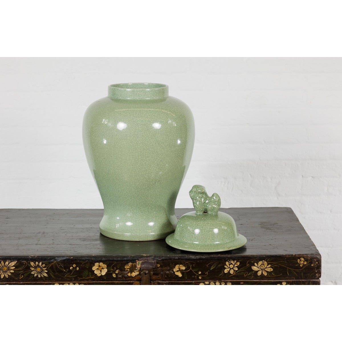 Crackle Green Celadon Lidded Vase with Stylized Foo Dog Finial-10. Asian & Chinese Furniture, Art, Antiques, Vintage Home Décor for sale at FEA Home