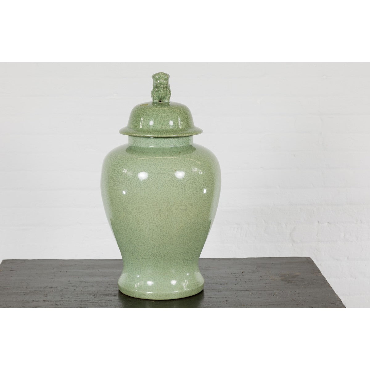 Crackle Green Celadon Lidded Vase with Stylized Foo Dog Finial-11. Asian & Chinese Furniture, Art, Antiques, Vintage Home Décor for sale at FEA Home