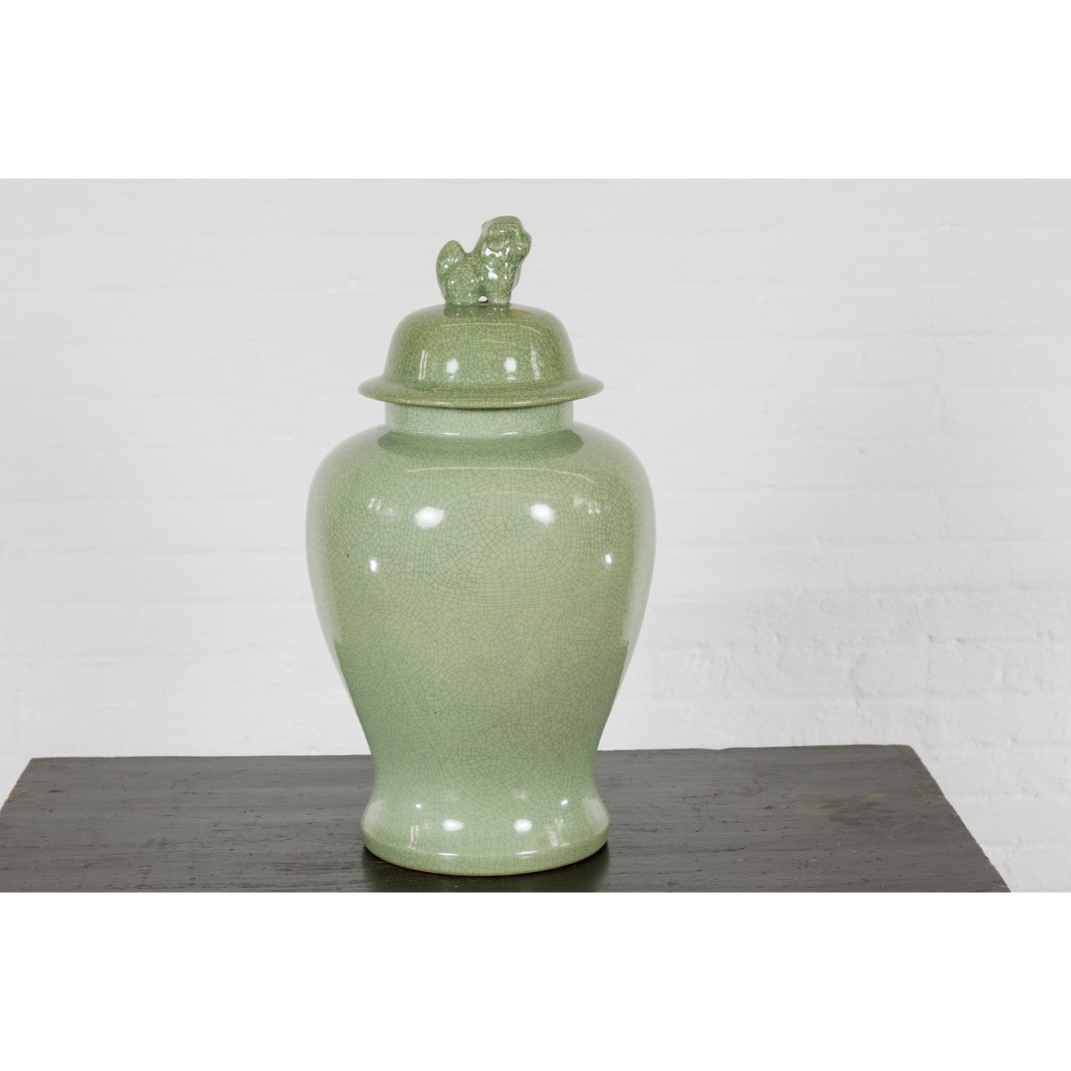Crackle Green Celadon Lidded Vase with Stylized Foo Dog Finial-12. Asian & Chinese Furniture, Art, Antiques, Vintage Home Décor for sale at FEA Home