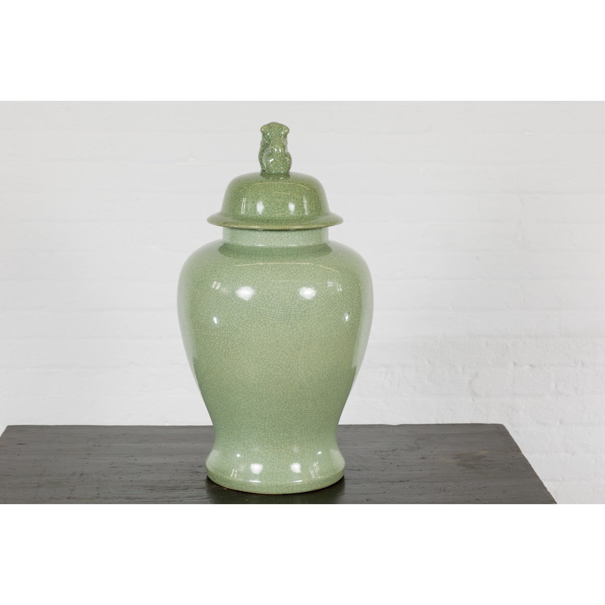 Crackle Green Celadon Lidded Vase with Stylized Foo Dog Finial-13. Asian & Chinese Furniture, Art, Antiques, Vintage Home Décor for sale at FEA Home